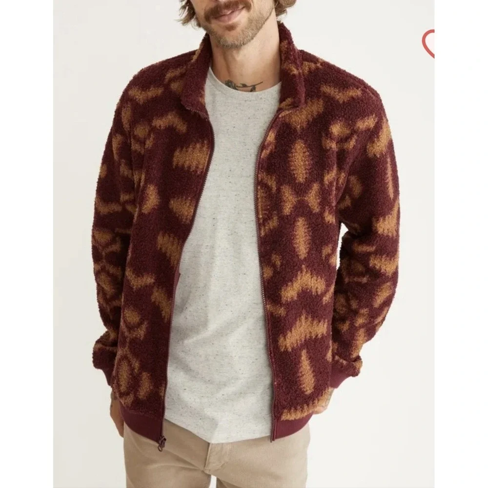 Marine Layer Mason Sherpa Full Zip Sweater Men's XXL Burgundy Geometric Print